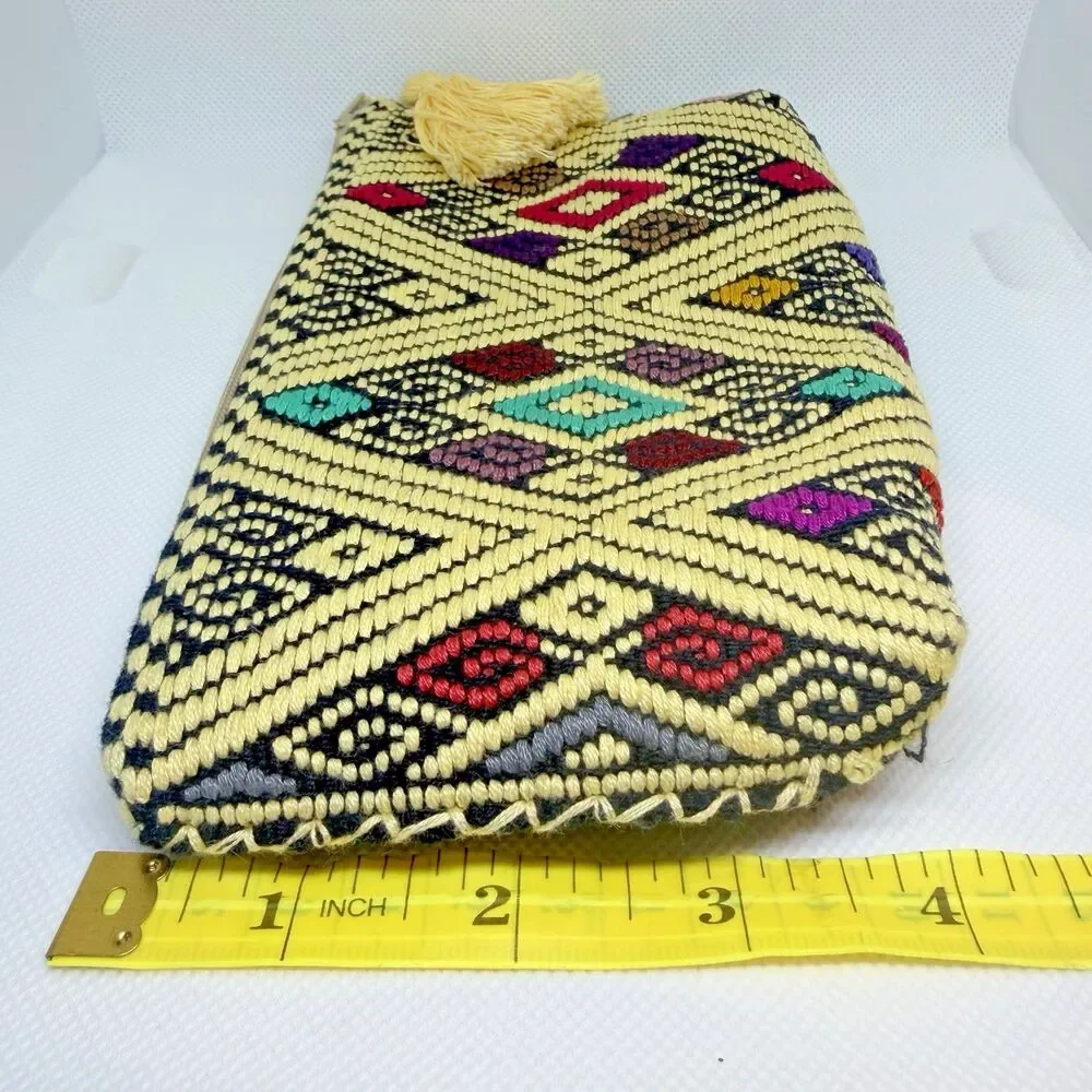 Vintage Artisan Handwoven Geometric Cosmetic Pouch Boho Tassel Makeup Bag